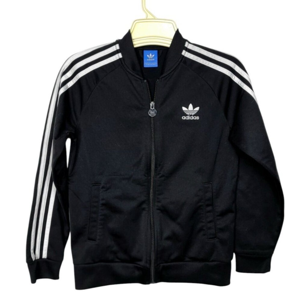 ADIDAS Black & White Three Stripe Trefoil Zip-Up Track Jacket Youth Large
